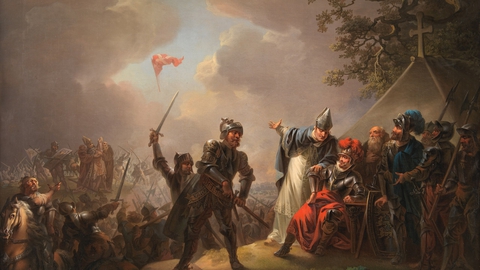 Illustration: Dannebrog falder ned fra himlen under Volmerslaget ved Lyndanis 15. juni 1219, C.A. Lorentzen (1809), red. 