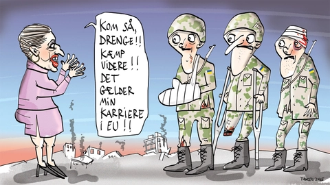 Mette Frederiksen kæmper en brav kamp for at holde kampgejsten oppe i Ukraine.