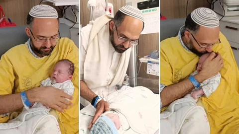 Hananel Gez, enkemand efter ofret for terrorangrebet Tzeela Gez, med deres baby Ravid Haim, som nu er død 15 dage gammel.