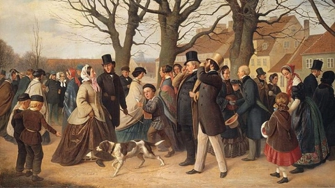 Det var især det pæne borgerskab, der promenerede på volden. På maleriet fra 1862 genkender man bl.a. prinsesse Caroline og prins Ferdinand. Andreas Herman Hunæus : "På Københavns Vold aftenen før Store Bededag", 1862. SMK