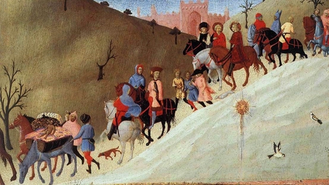 De hellige tre kongers rejse af renæssancekunstneren Sassetta, malet 1433-1435, beskåret. Metropolitan Museum of Art, New York.