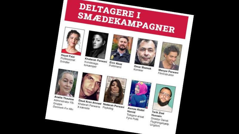 ”Netværket - en uhellig alliance.  De har også en del hangarounds.” Khader har, oplyser han, lånt fotoet af en person, som netværket har været efter i mange år. Man noterer sig, at der figurerer hele tre medlemmer fra Parwani-familien.