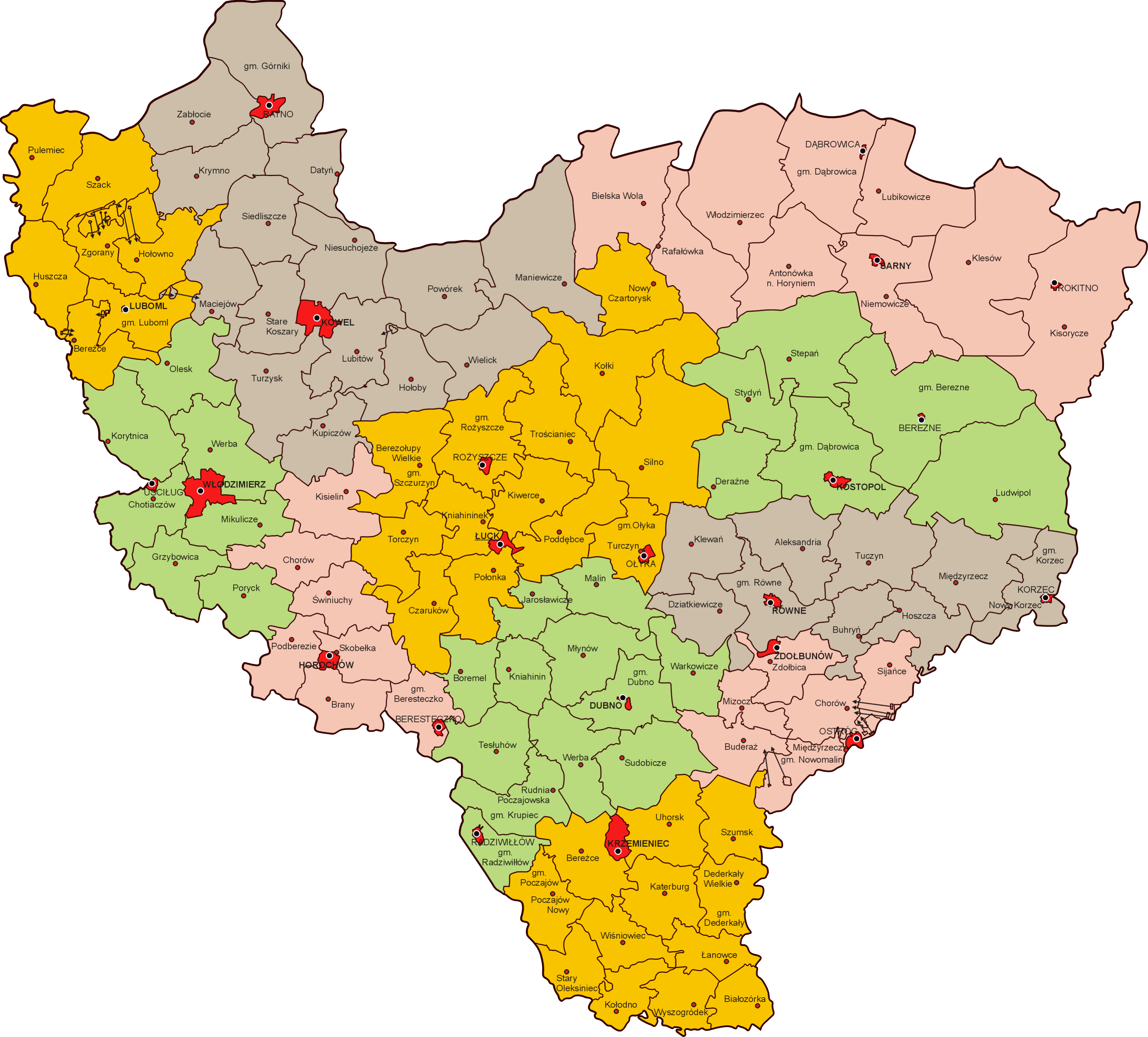 Kort over de steder, massakrene fandt sted i over 99 forskellige landsbyer under “Den blodige søndag” d. 11. Juli 1943. Regionen, som dengang var polsk, er i dag en del af det nordlige Ukraine.